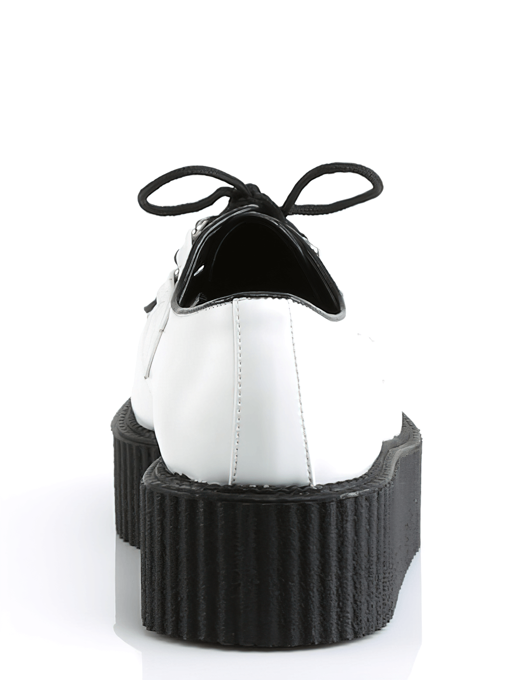 Back view of Demonia white and black platform goth punk creeper shoes with laces, perfect for alternative fashion.