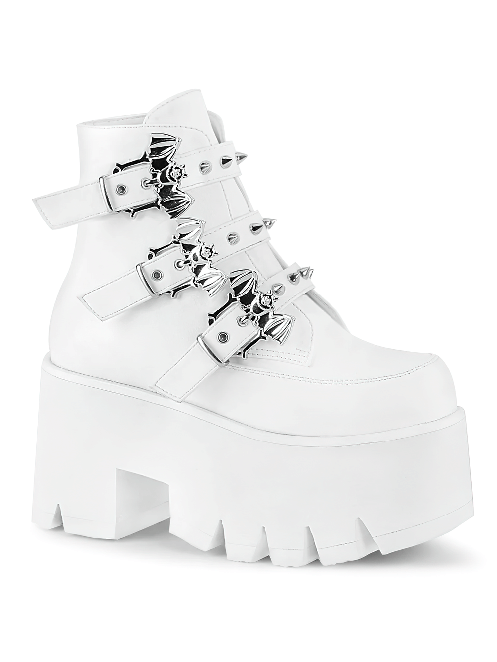 DEMONIA White Ankle Boots with Studded Bat Buckles