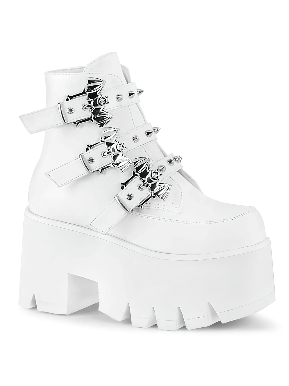 Demonia white ankle boots with studded bat buckles and chunky platform heel for edgy style.