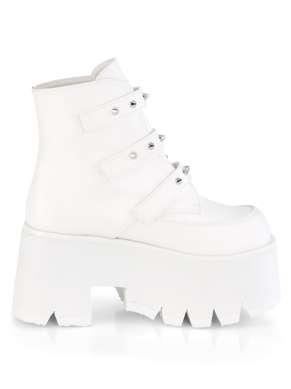 Demonia white ankle boots with studded bat buckles and chunky platform heel, perfect for adding edge to any outfit.