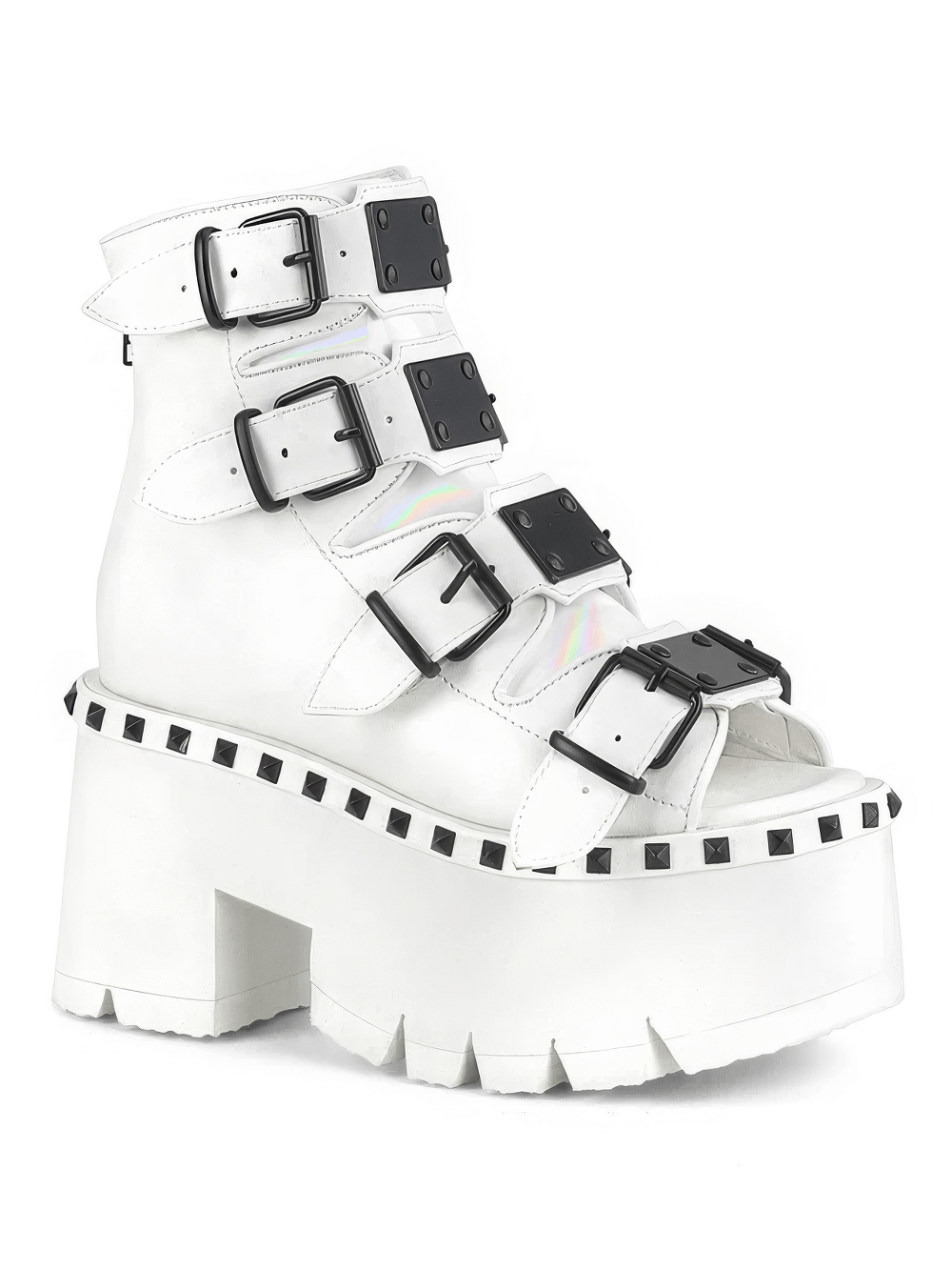 Demonia white chunky heel platform bootie sandals with buckle straps and edgy design, perfect for making a bold fashion statement.