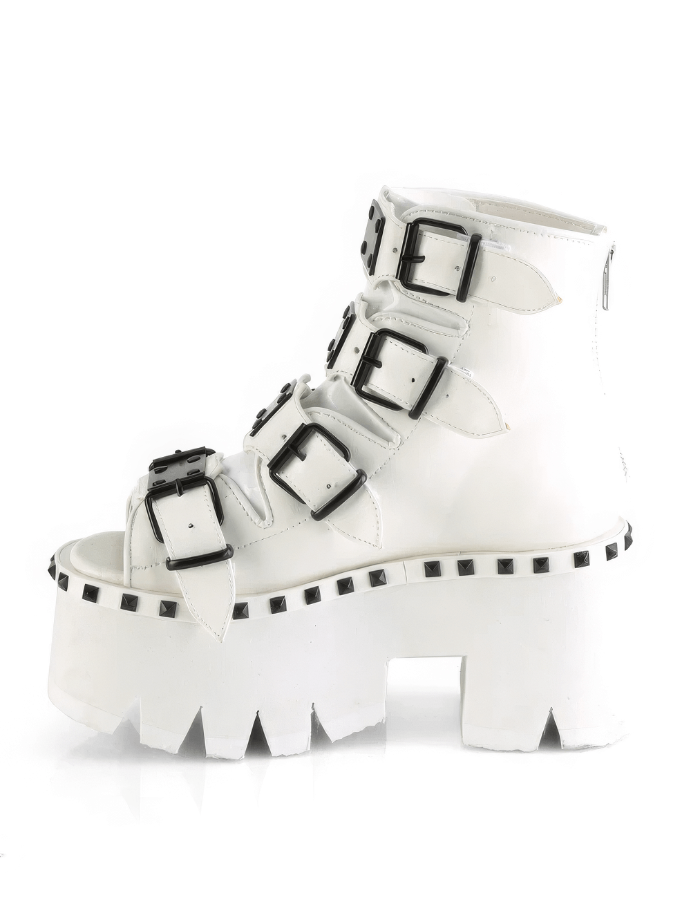 Demonia white chunky heel platform bootie sandals with black buckle straps, edgy and stylish design for bold fashion.