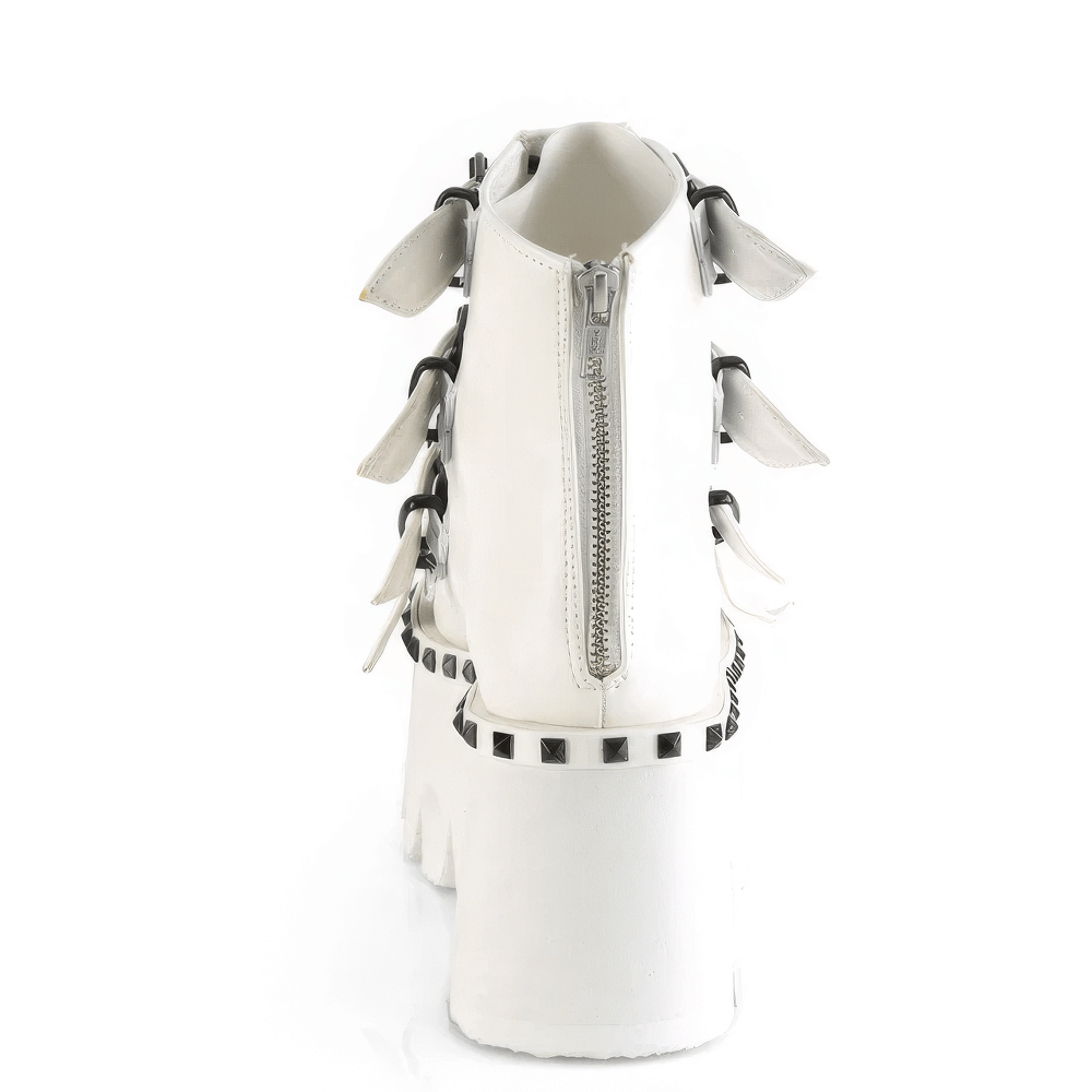 Back view of DEMONIA White Chunky Heel Platform Bootie Sandals with buckle straps and metal details.
