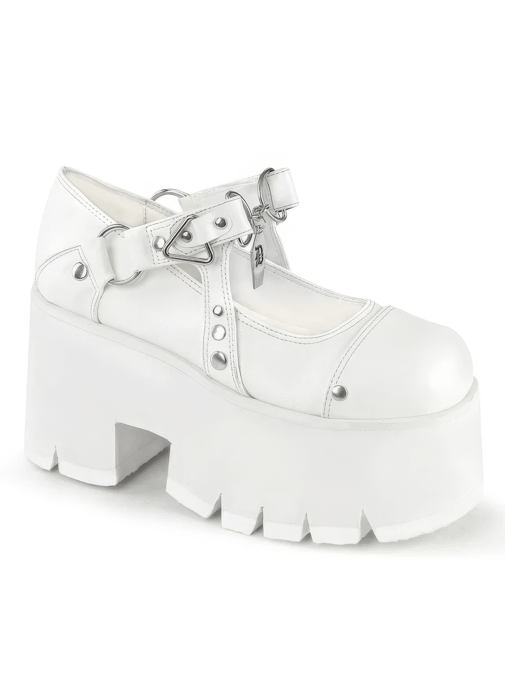 DEMONIA White Chunky Heel Platform Boots with Metal Accents