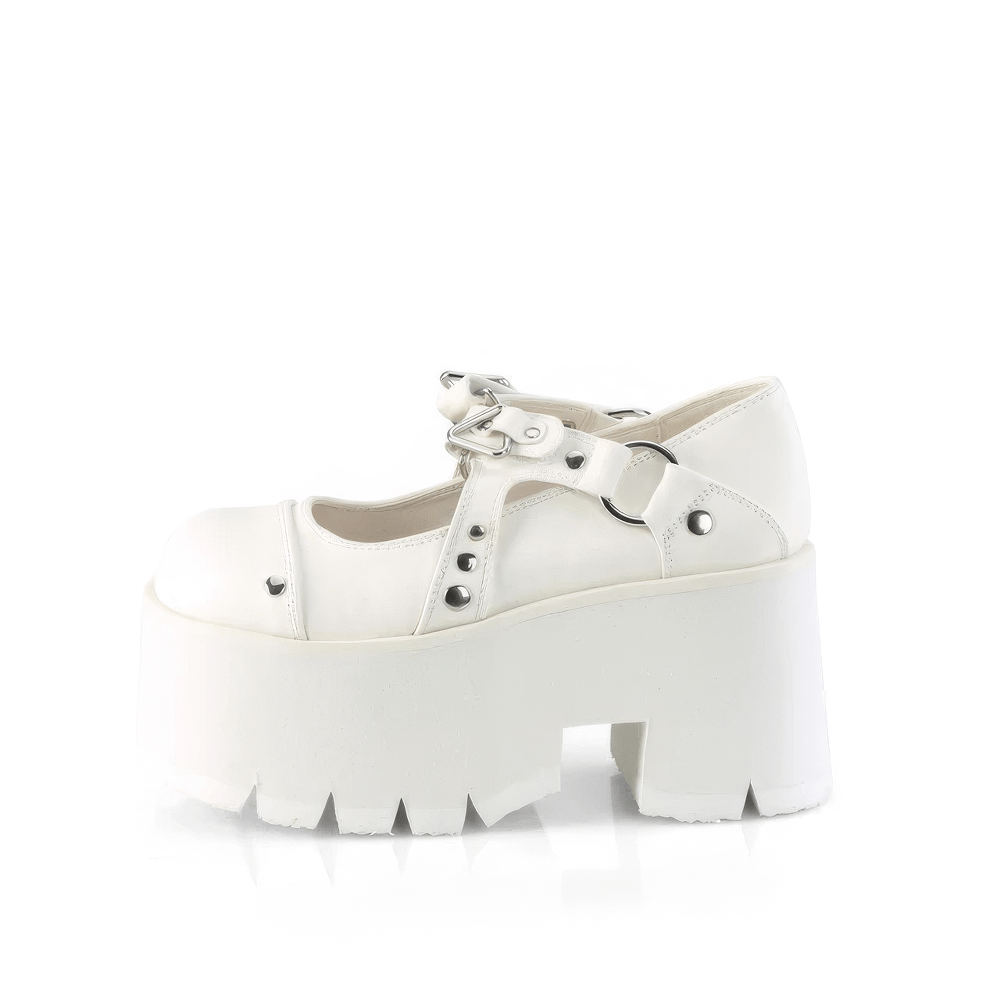 DEMONIA White Chunky Heel Platform Boots with Metal Accents