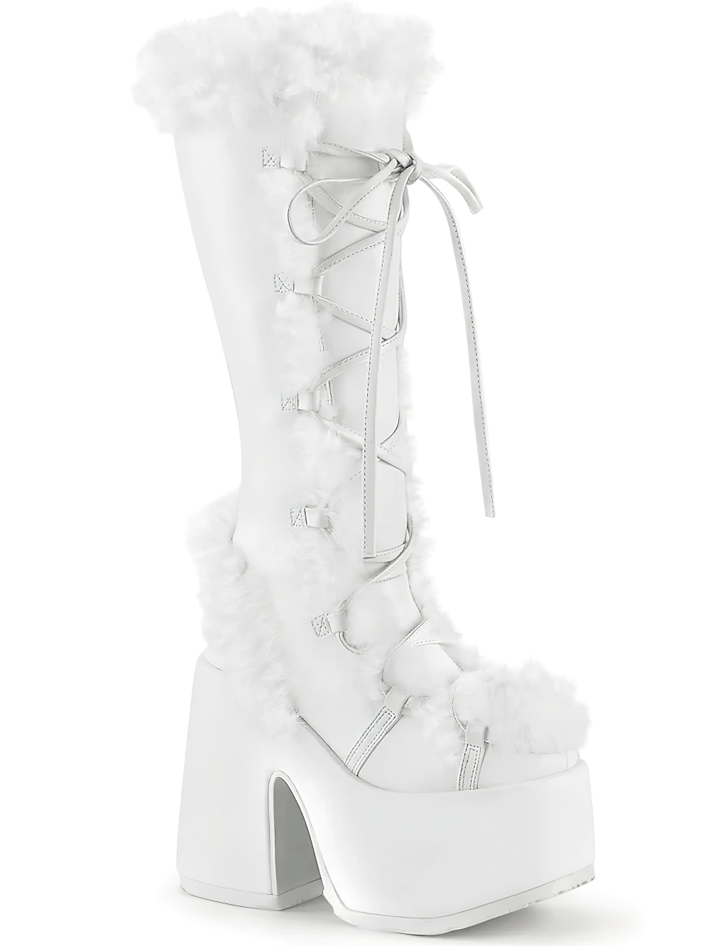 Dare to dazzle in DEMONIA white faux fur knee-high boots with bold platform and lace-up design.