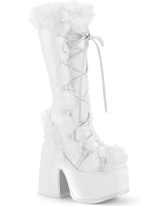 DEMONIA - Bottes hauteur genou à lacets en fausse fourrure blanches