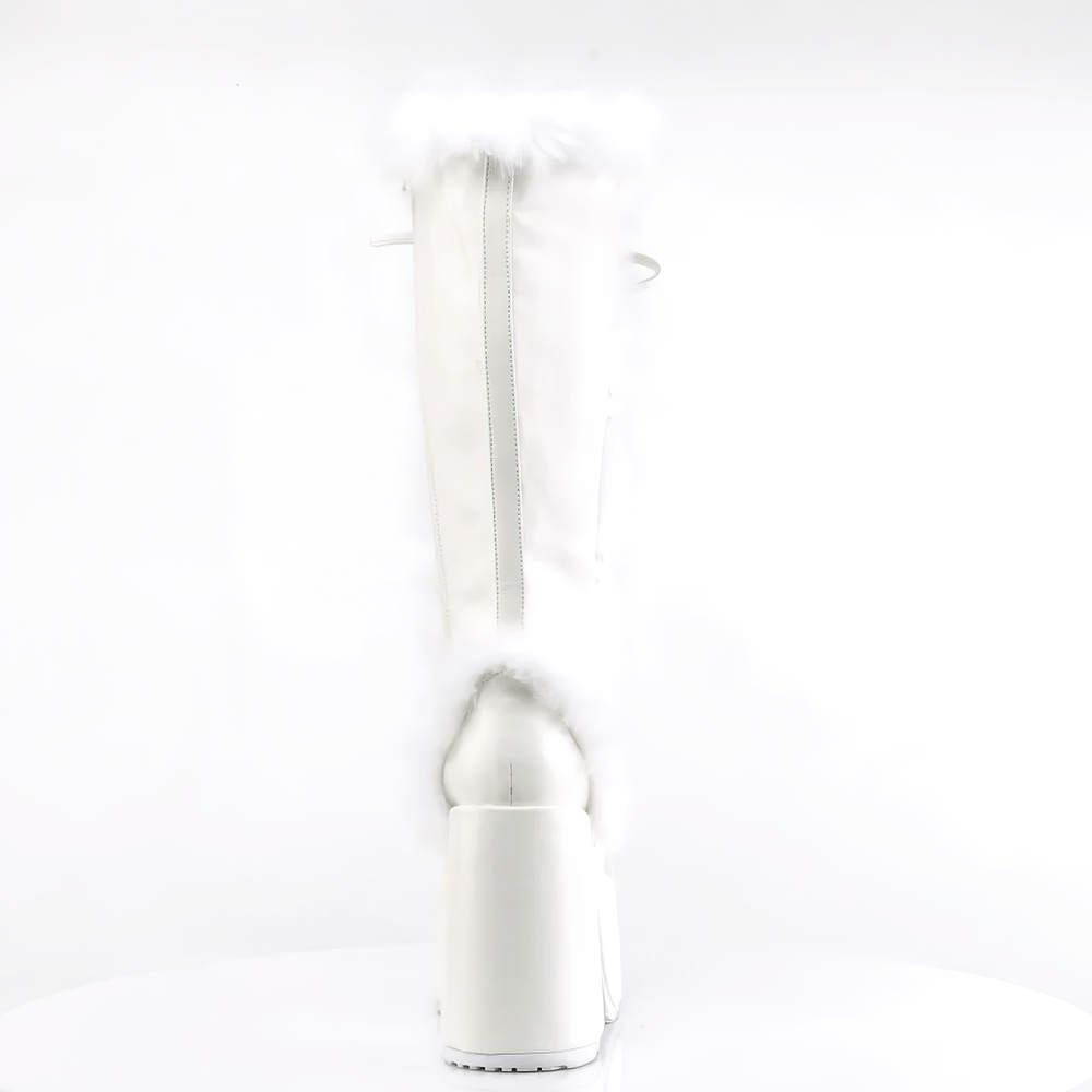 Back view of DEMONIA white faux fur lace-up knee-high boots with a bold platform heel.