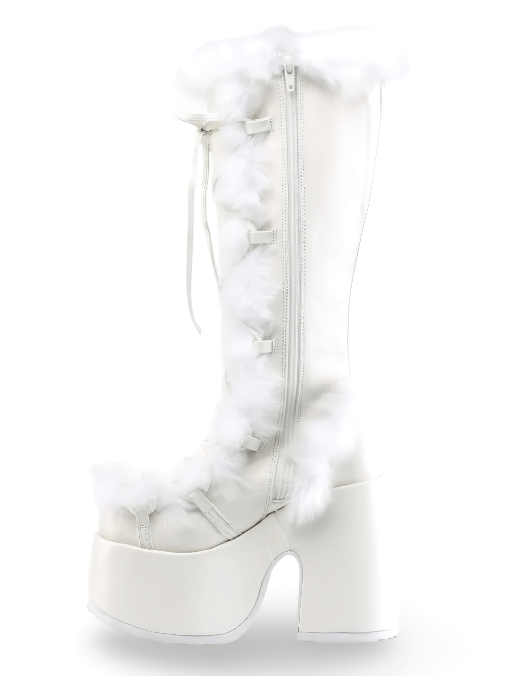 Demonia white faux fur lace-up knee-high boots with 5-inch heel and 3-inch platform for winter chic.