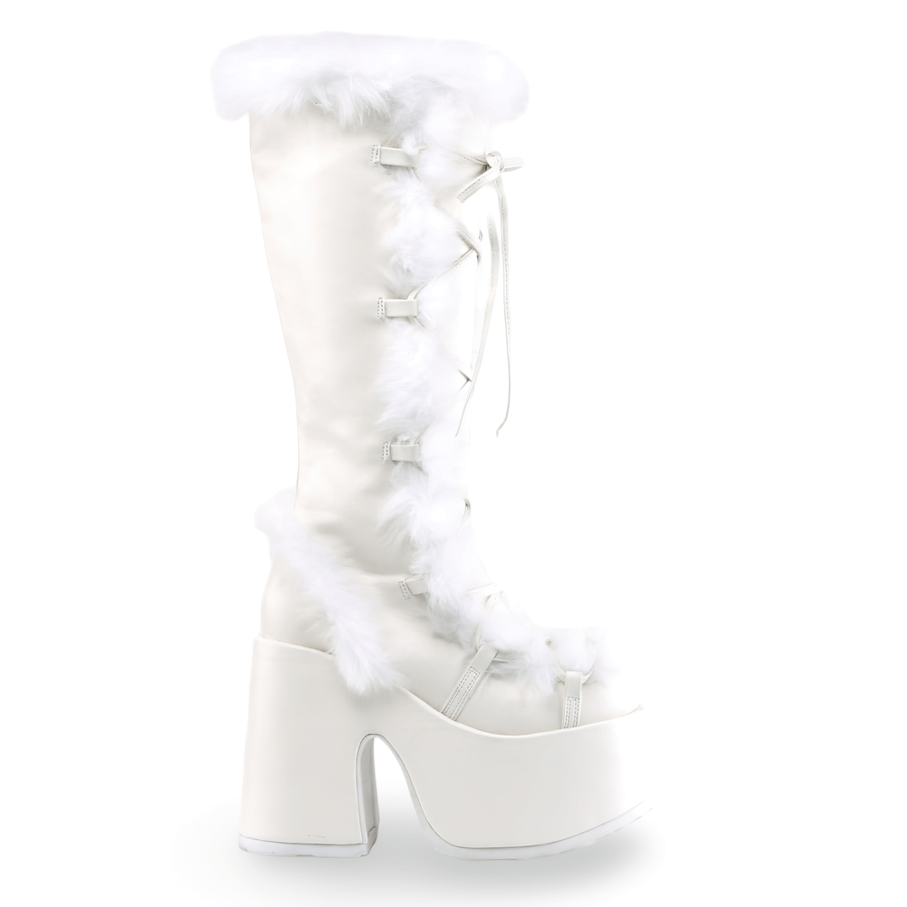 Demonia white faux fur lace-up knee-high boots with platform heel and stylish fur trim.