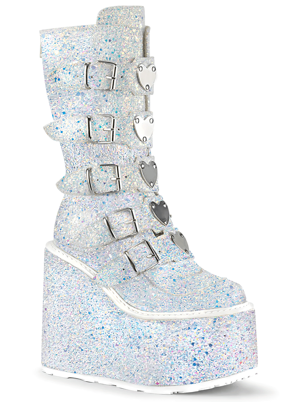 DEMONIA White Glitter Heart Buckles Mid-Calf Boots