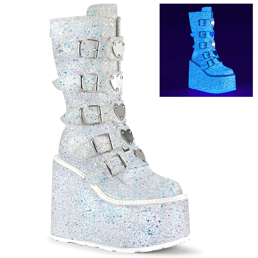 DEMONIA White Glitter Heart Buckles Mid-Calf Boots