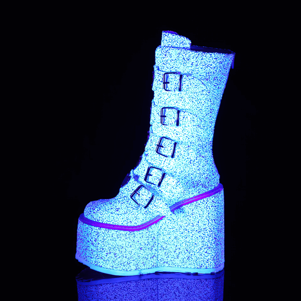 DEMONIA White Glitter Heart Buckles Mid-Calf Boots