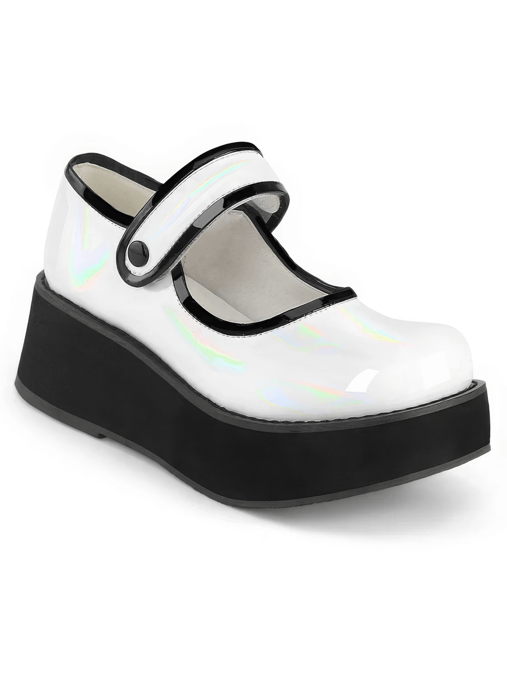 Demonia white holographic Mary Jane platform shoes with black piping and button detail on a stylish wedge.