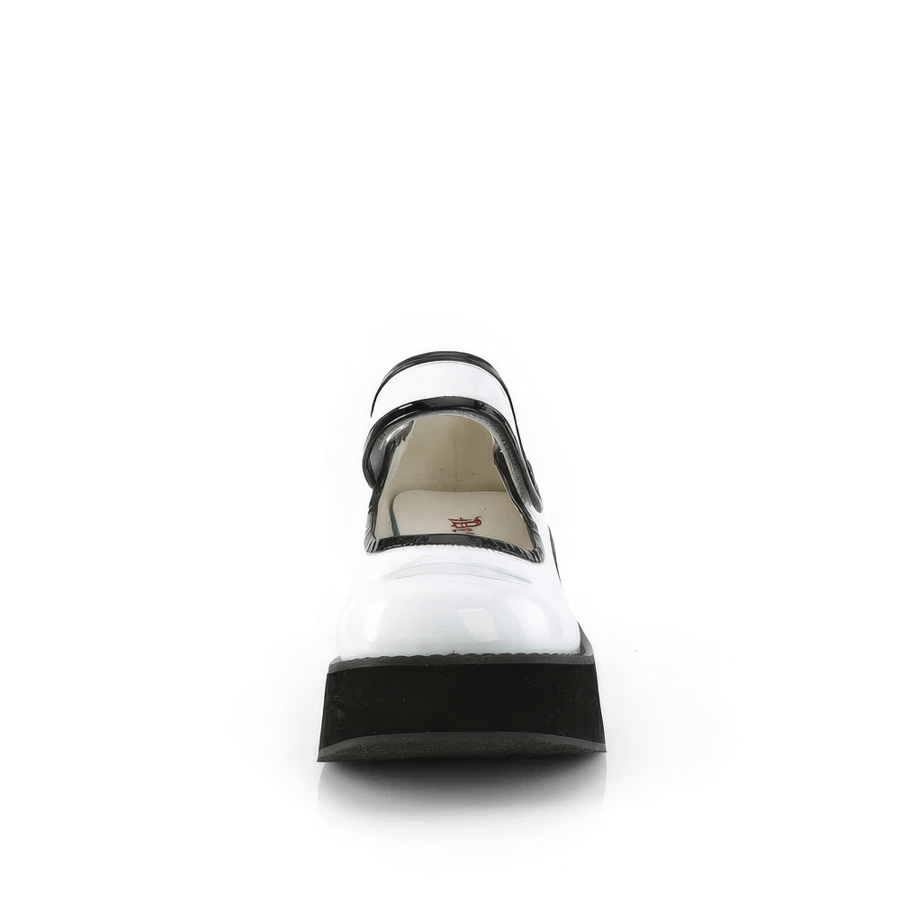 Demonia white holographic Mary Jane platform shoes with contrast piping and button detail, stylish and modern.
