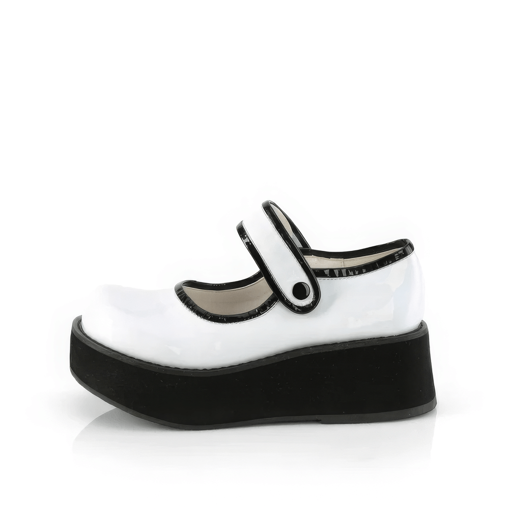 Demonia white holographic Mary Jane platform shoes with contrast piping and button detail, stylish and playful.