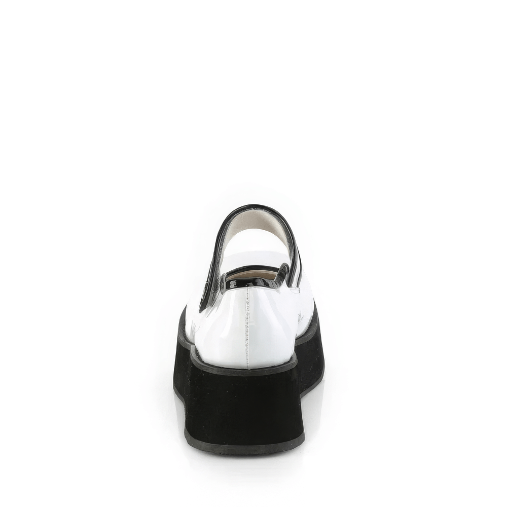 Back view of Demonia white holographic Mary Jane platform shoes with contrast black piping.