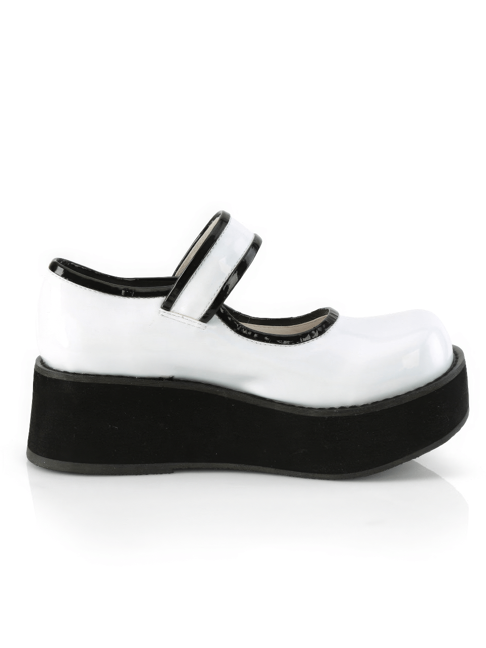 Demonia white holographic Mary Jane platform shoes with black contrast piping and button detail, side view.