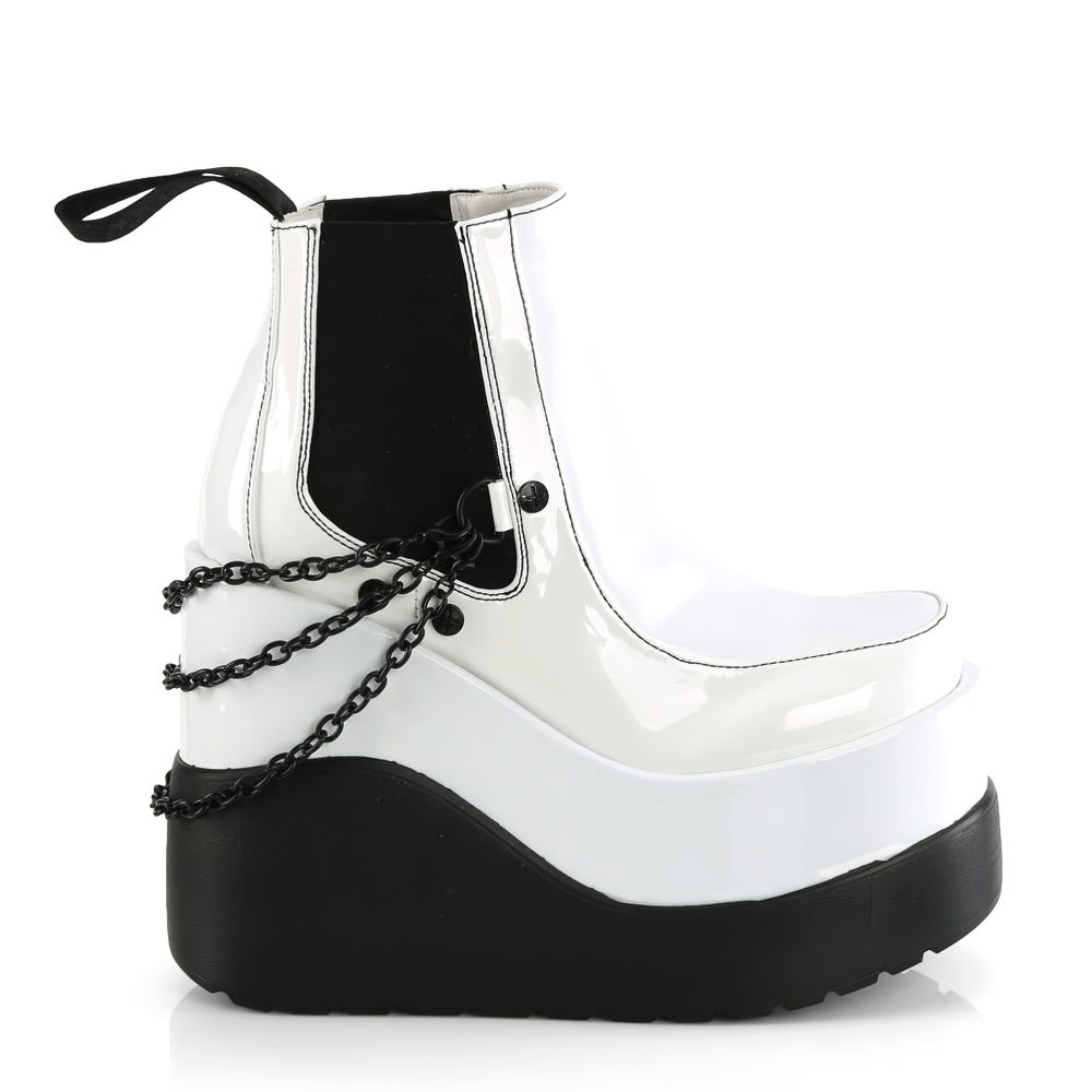 DEMONIA White Holographic Tiered Platform Boots with Chain