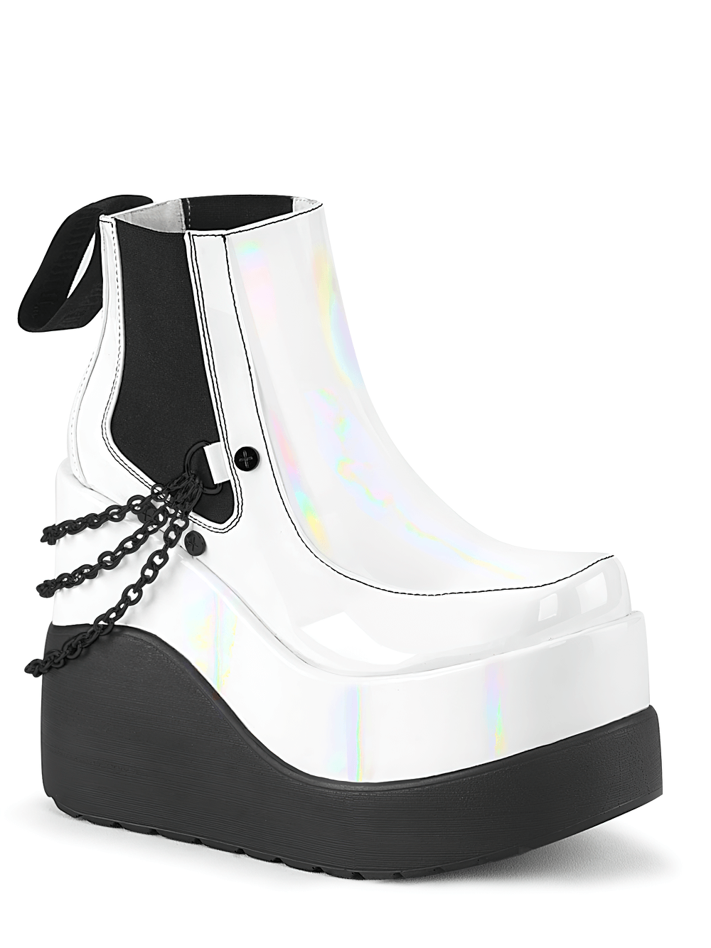 DEMONIA White Holographic Tiered Platform Boots with Chain