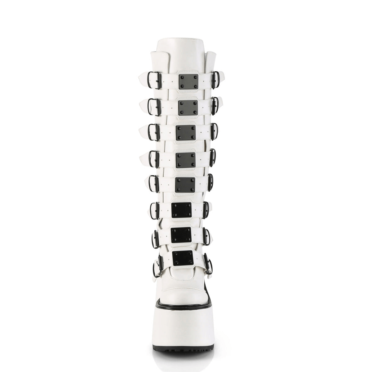 Bold white knee-high platform boots with multiple buckle straps and a chunky platform for an edgy style.