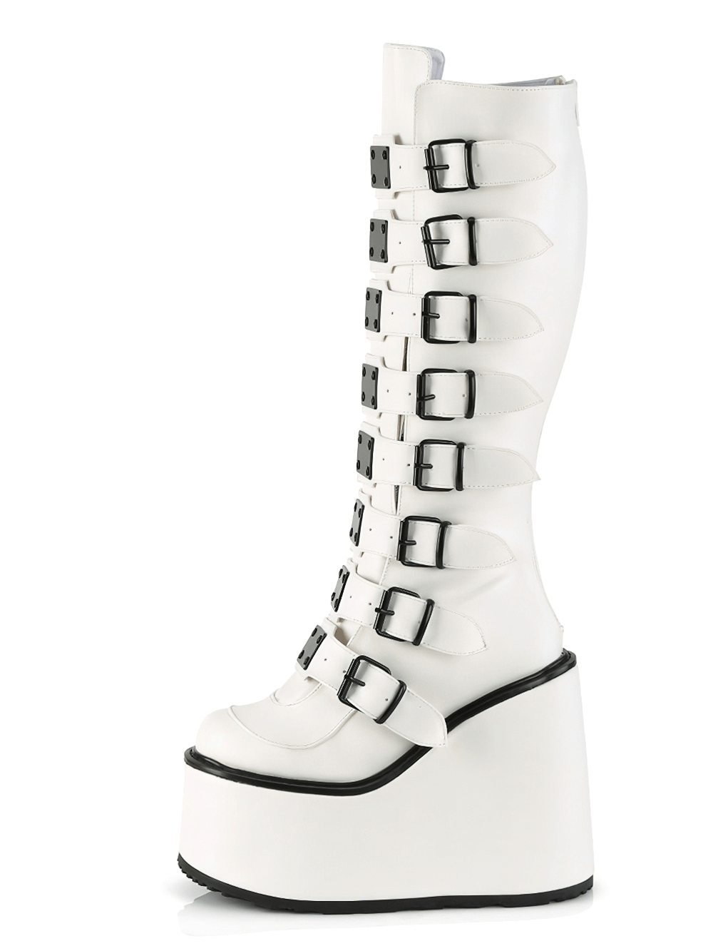 Demonia white knee-high platform boots with buckle straps, vegan leather and dramatic 5.5-inch platform.