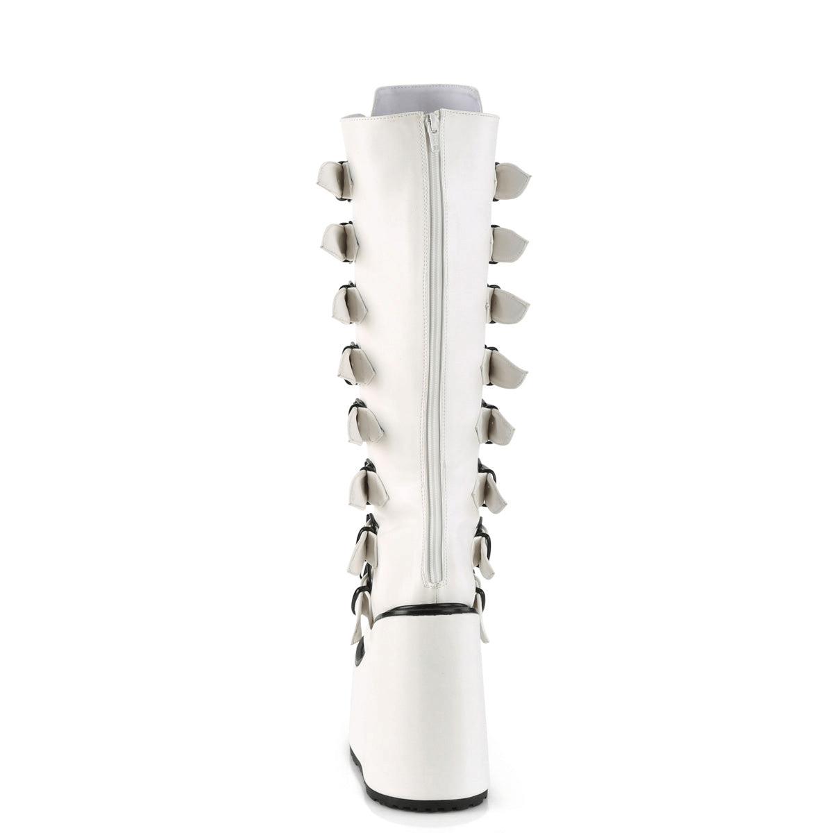 Back view of DEMONIA white knee-high platform boots with buckle straps and metal zip closure.