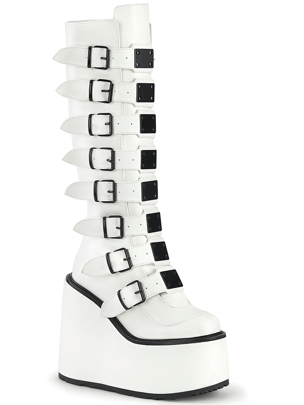Daring white knee-high platform boots with buckle straps, perfect for edgy style and bold fashion statements.