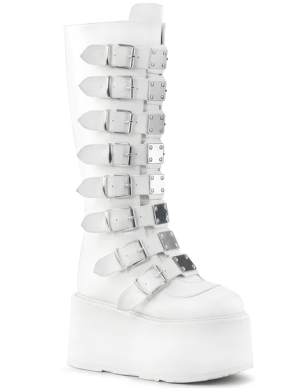 Demonia white knee-high platform boots with edgy buckle straps and metal plates, perfect for alternative fashion.