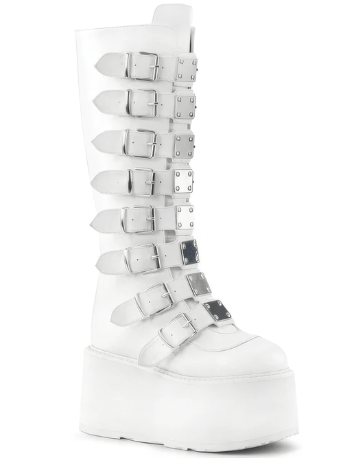 DEMONIA Botas blancas hasta la rodilla con plataforma y placas de metal