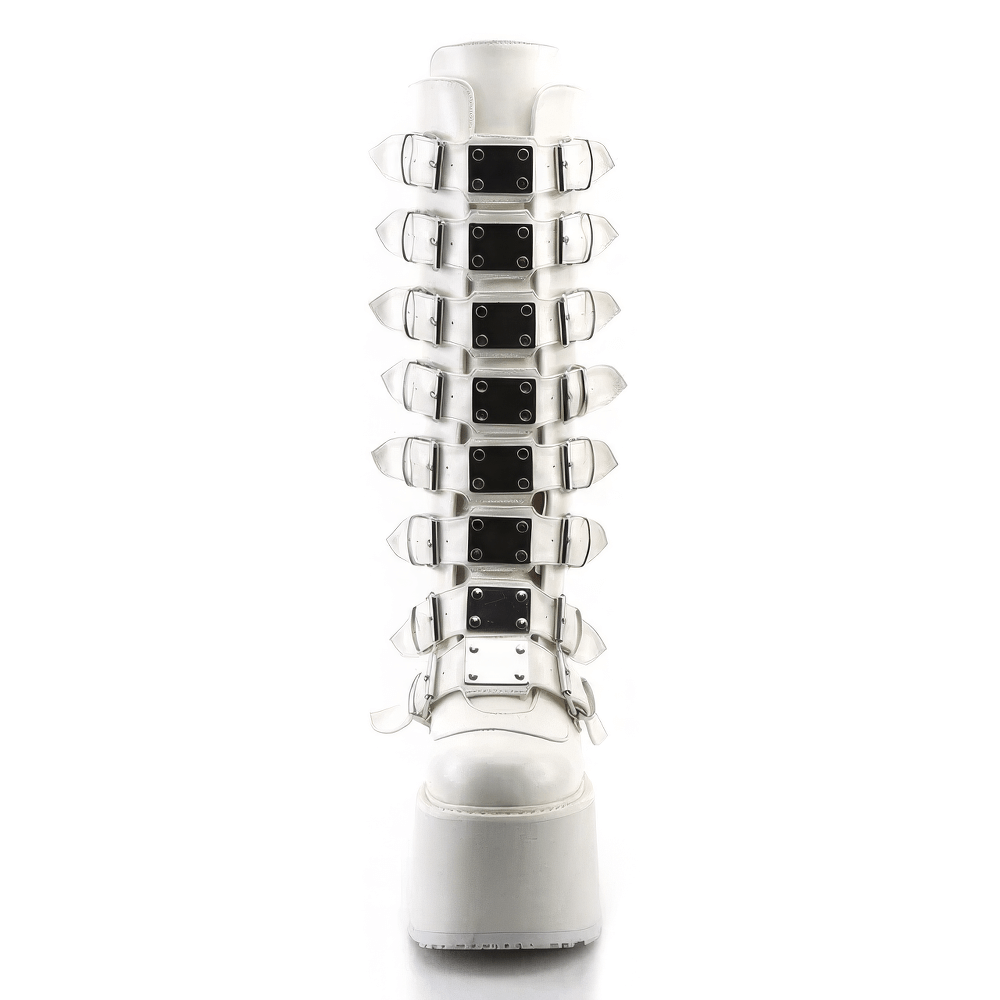 White knee-high platform boots with buckle straps and metal plates, perfect for bold alternative fashion.