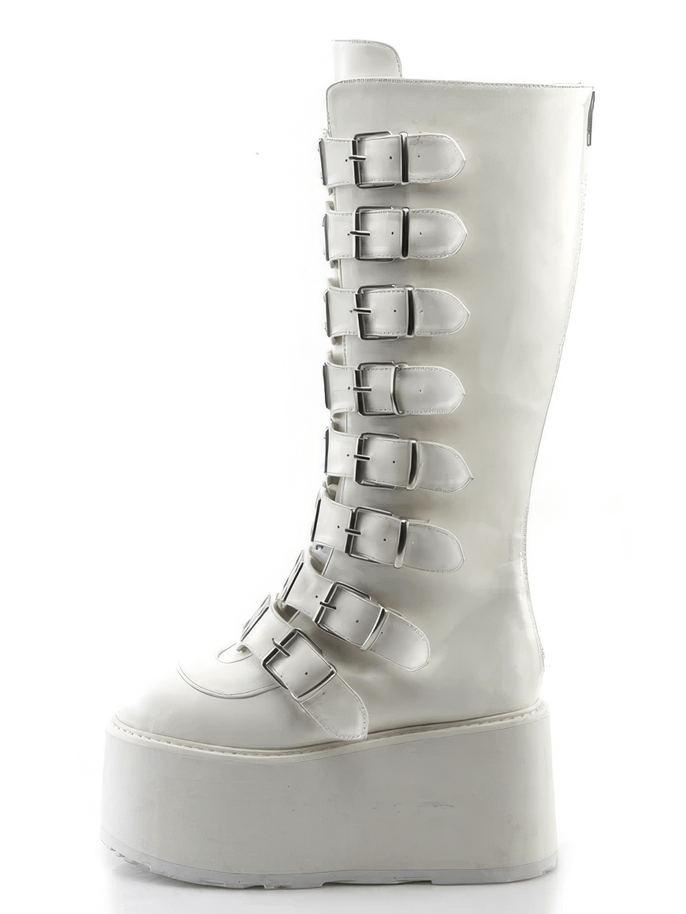 DEMONIA White Knee High Platform Boots with Metal Plates