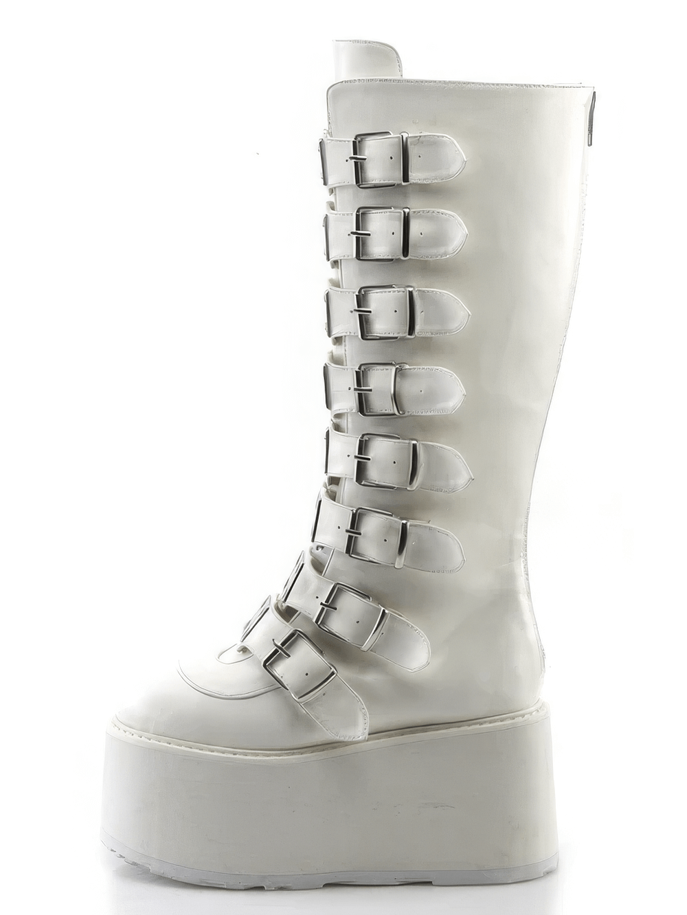 Demonia white knee-high platform boots with buckles and metal plates for alternative fashion.