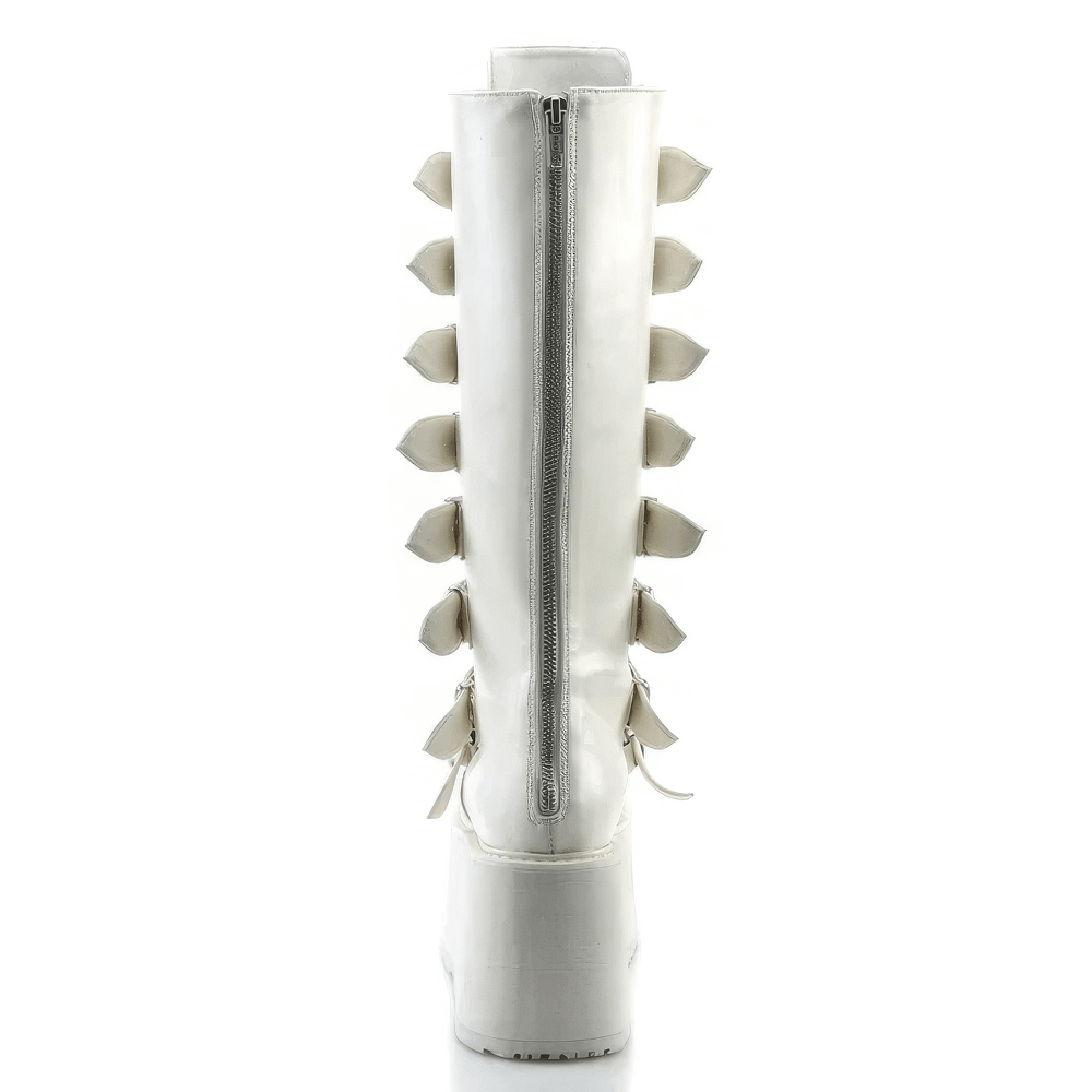 Back view of Demonia white knee high platform boots featuring metal plates and buckle straps.