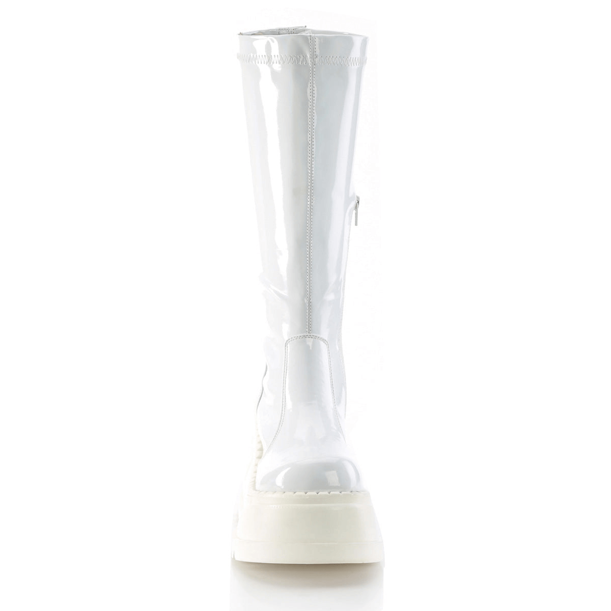 DEMONIA White Knee High Wedge Platform Boots with Metal Zip