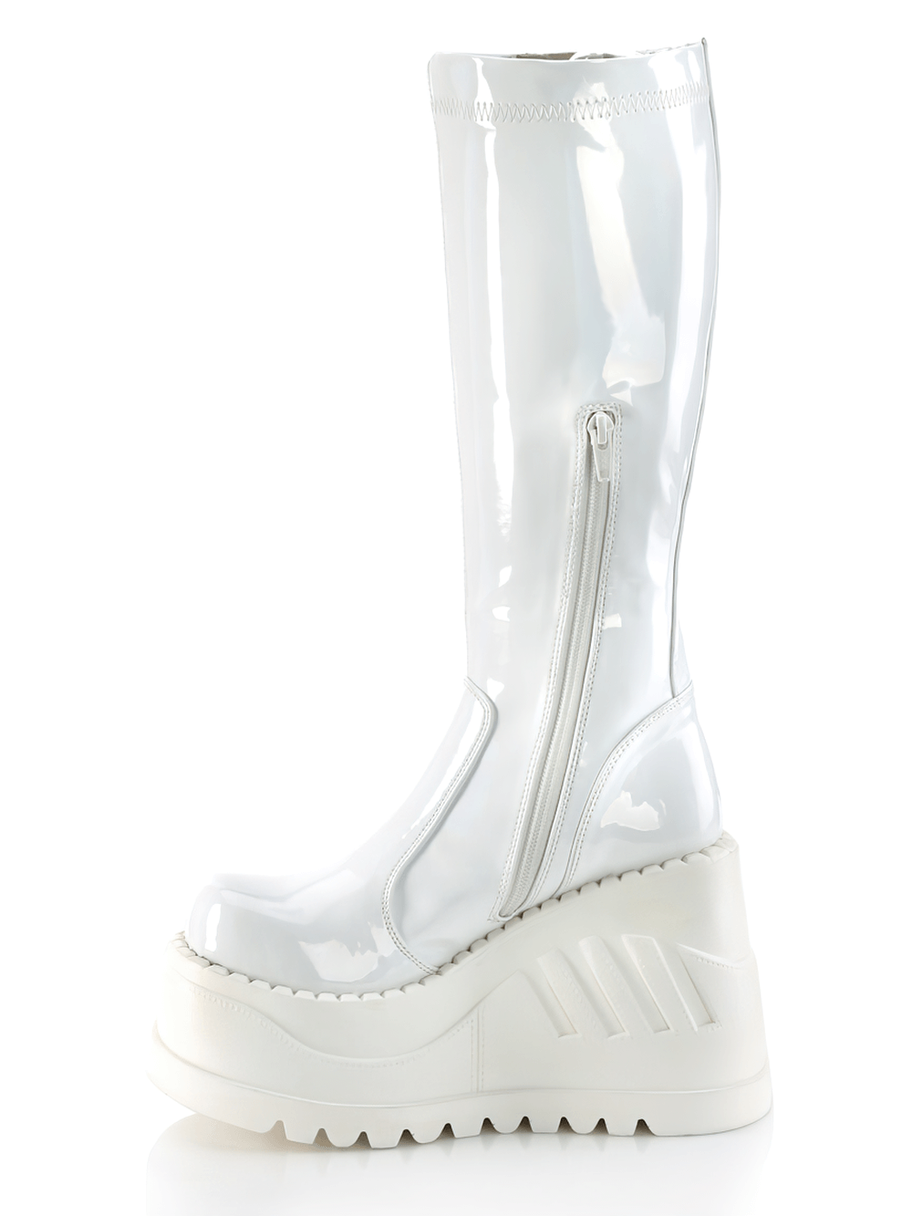 DEMONIA White Knee High Wedge Platform Boots with Metal Zip