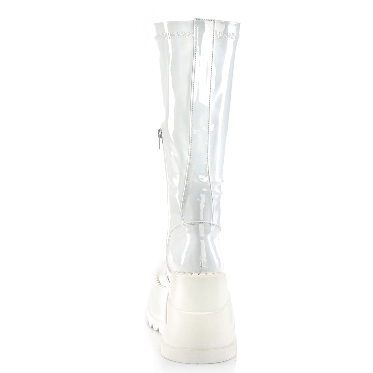 DEMONIA White Knee High Wedge Platform Boots with Metal Zip