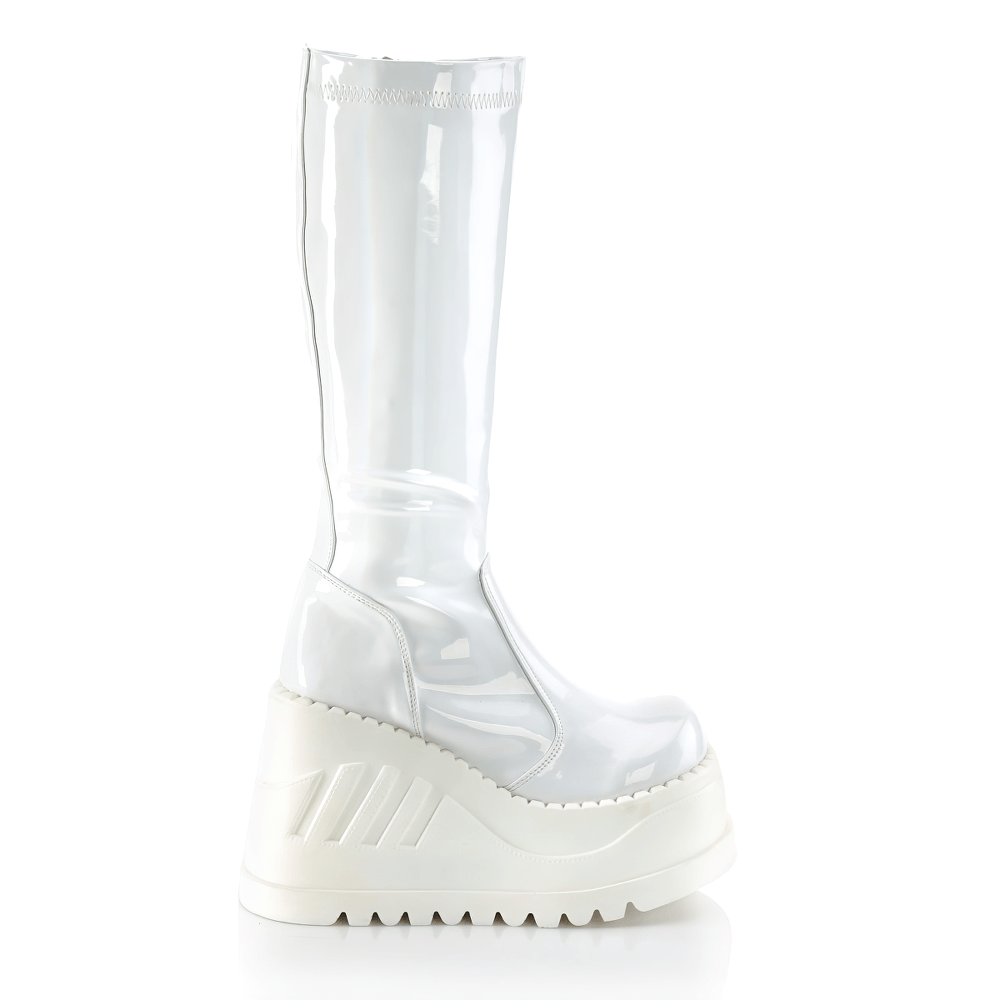 DEMONIA White Knee High Wedge Platform Boots with Metal Zip