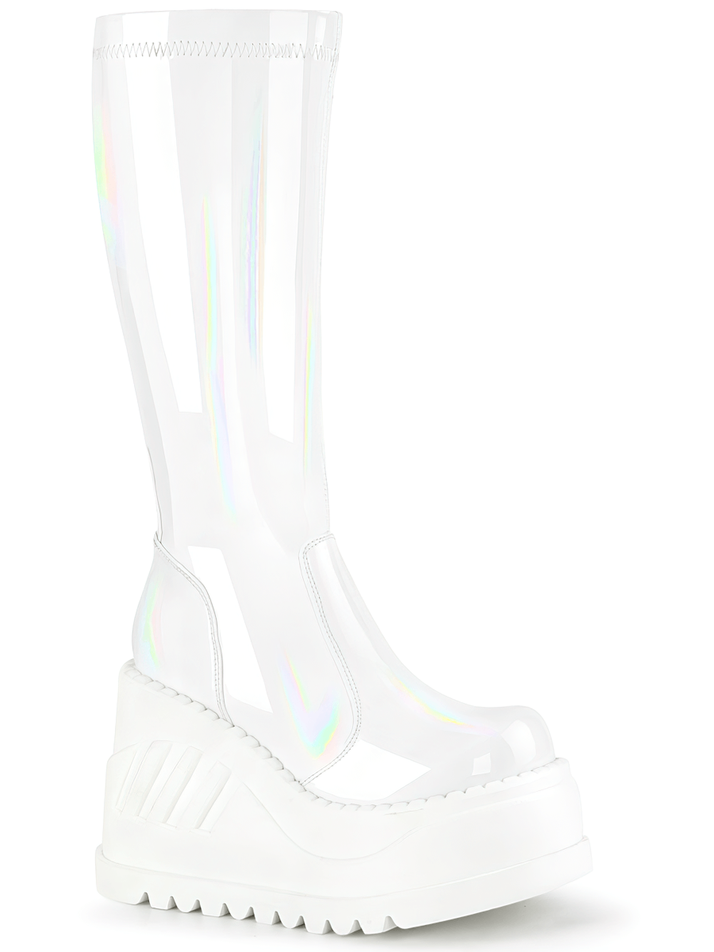 DEMONIA White Knee High Wedge Platform Boots with Metal Zip