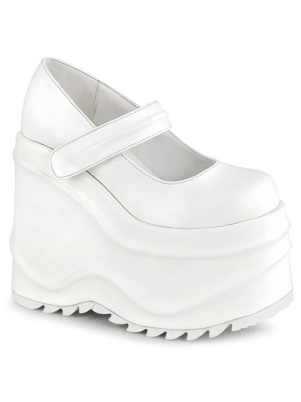 Demonia white platform Mary Jane shoes with hook and loop strap, featuring a bold 6-inch platform and sleek design.