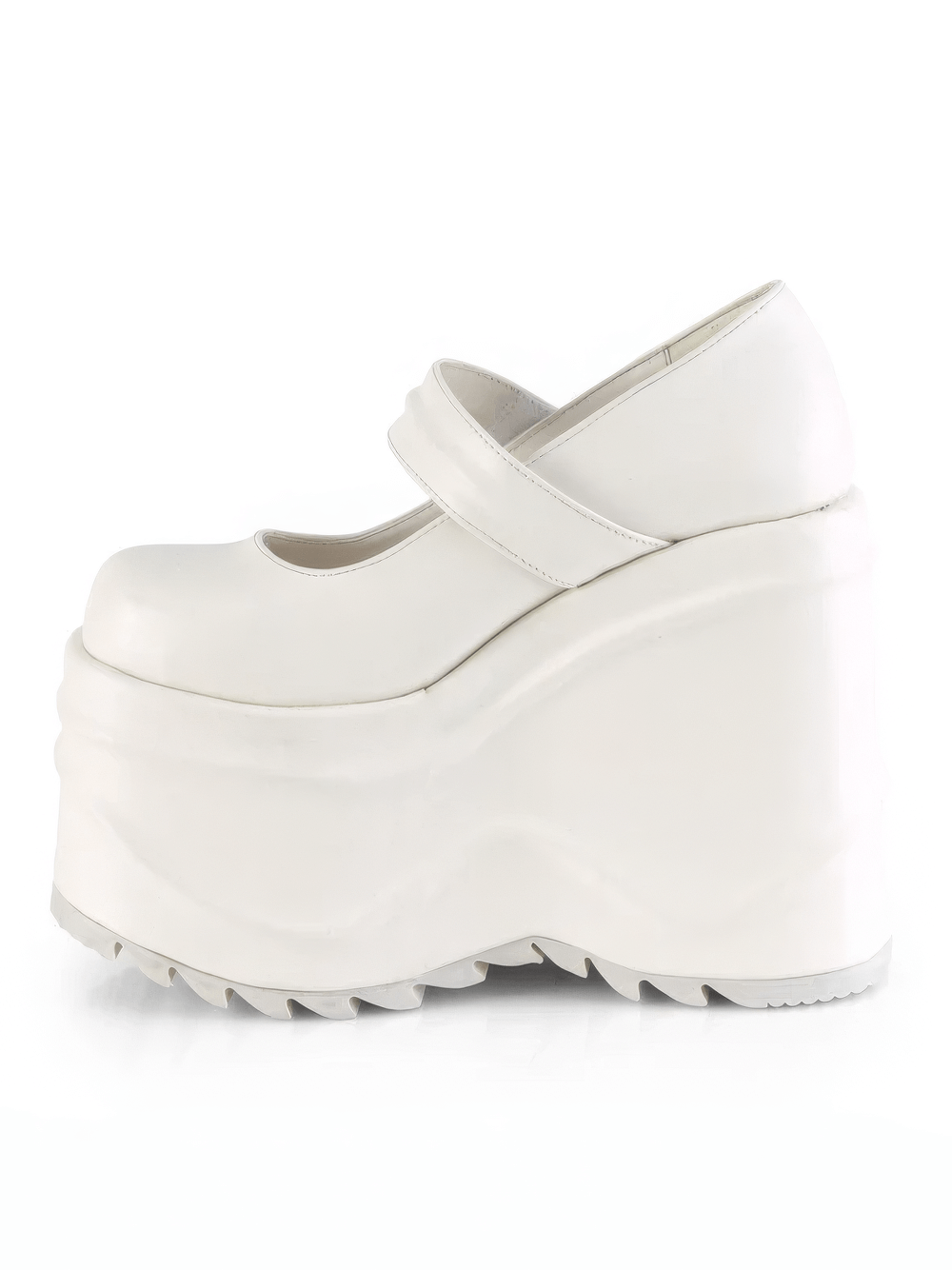 Demonia white platform Mary Jane shoes with hook and loop strap, featuring bold elevated design for fashion-forward looks.