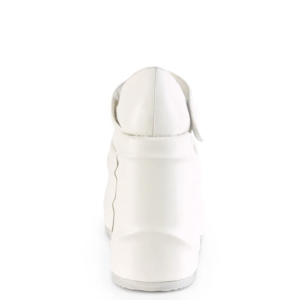 Back view of DEMONIA White Mary Jane shoes with hook and loop strap, showcasing their sleek vegan design and bold platform.