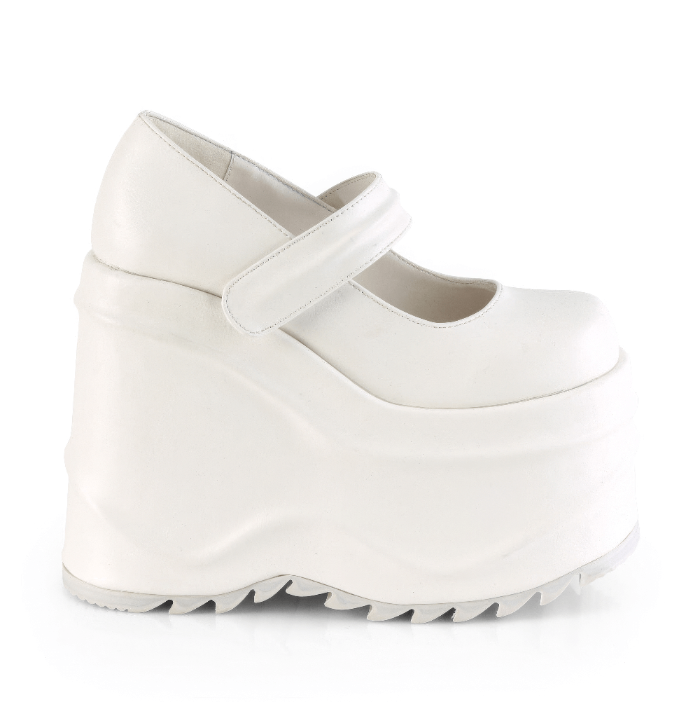 Demonia white platform Mary Jane shoes with hook and loop strap, stylish and trendy for bold fashion statements.