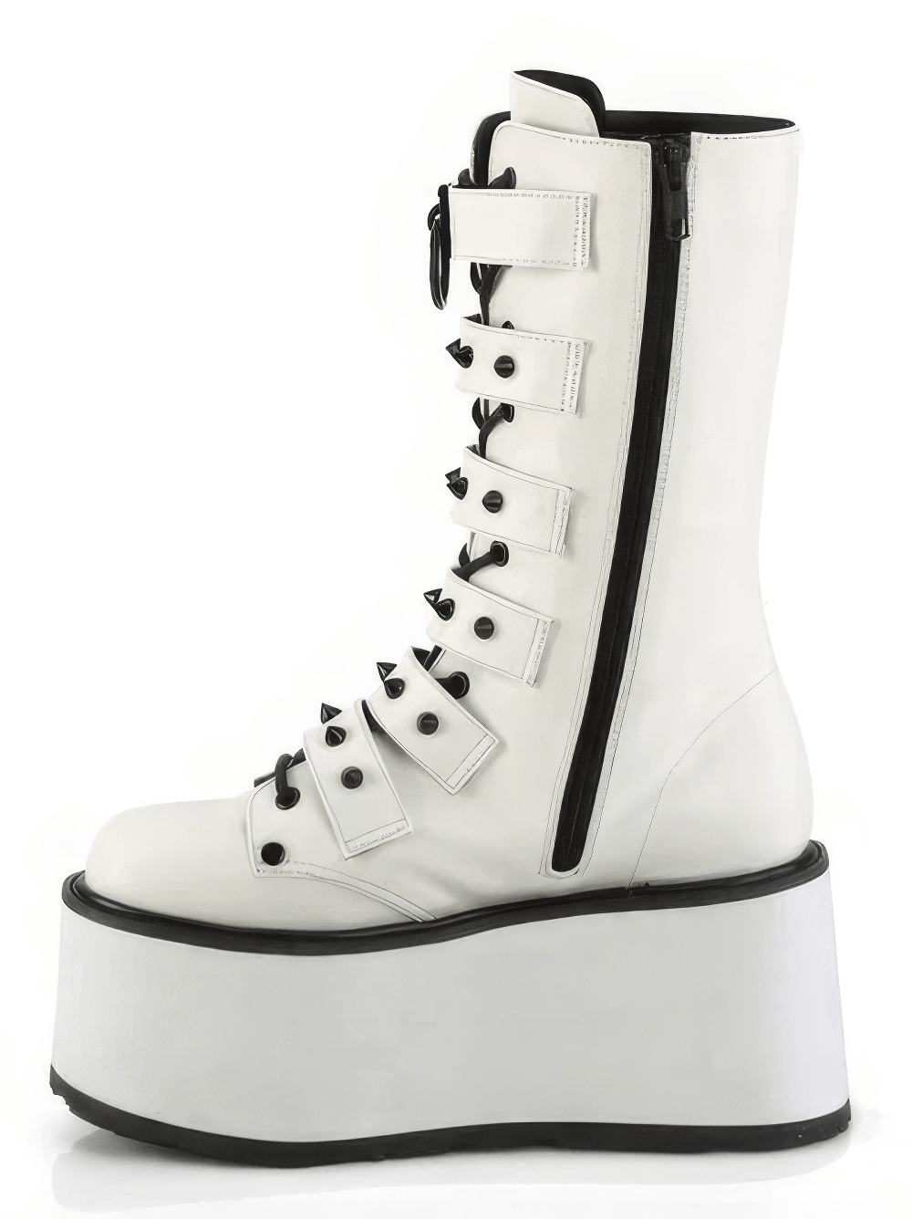 DEMONIA White Mid-Calf Boot with Cone-Studded Straps