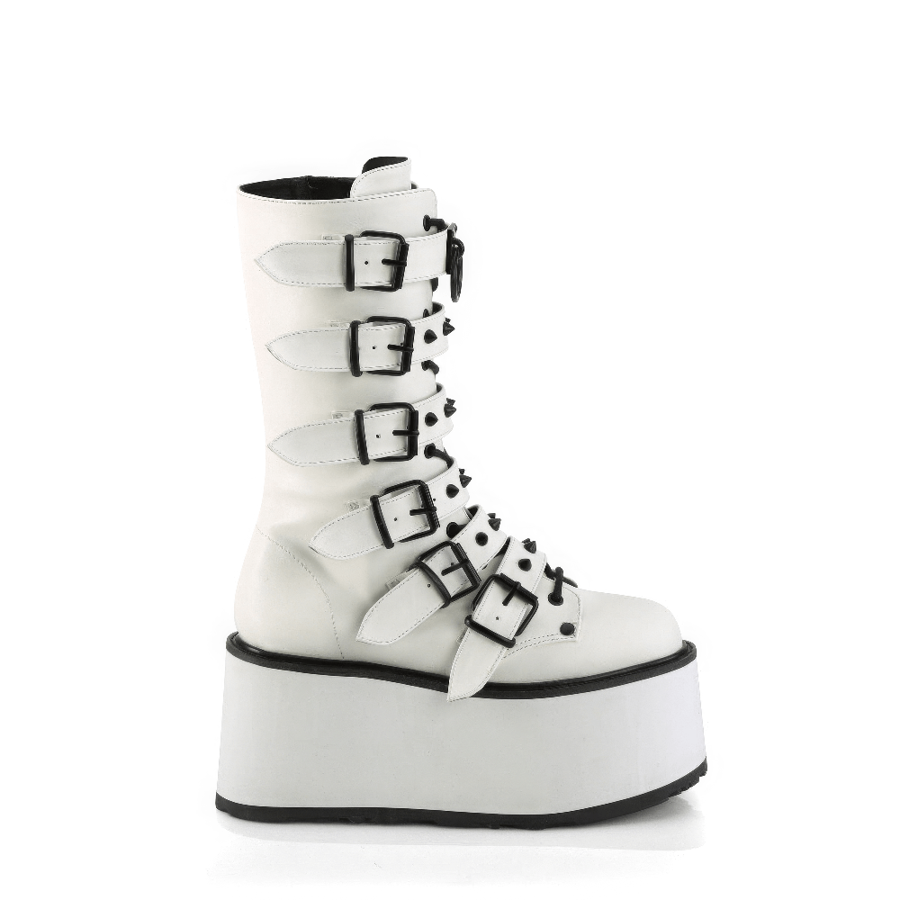 DEMONIA White Mid-Calf Boot with Cone-Studded Straps