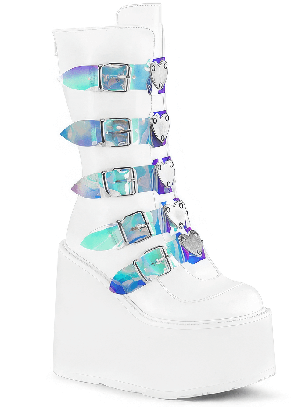 Demonia white mid-calf platform boot with heart buckles and vibrant straps, showcasing a 5.5-inch platform.
