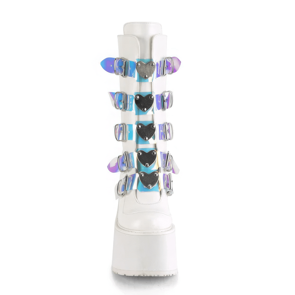 Demonia white mid-calf platform boot with heart buckles and vibrant straps, featuring a bold 5.5-inch platform.