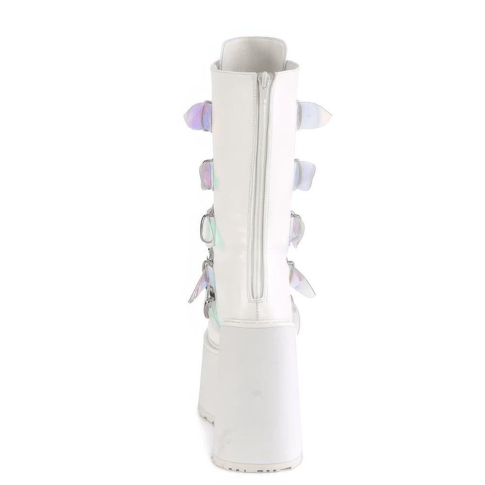 Back view of Demonia white mid-calf platform boots featuring heart buckles and a shiny zip.