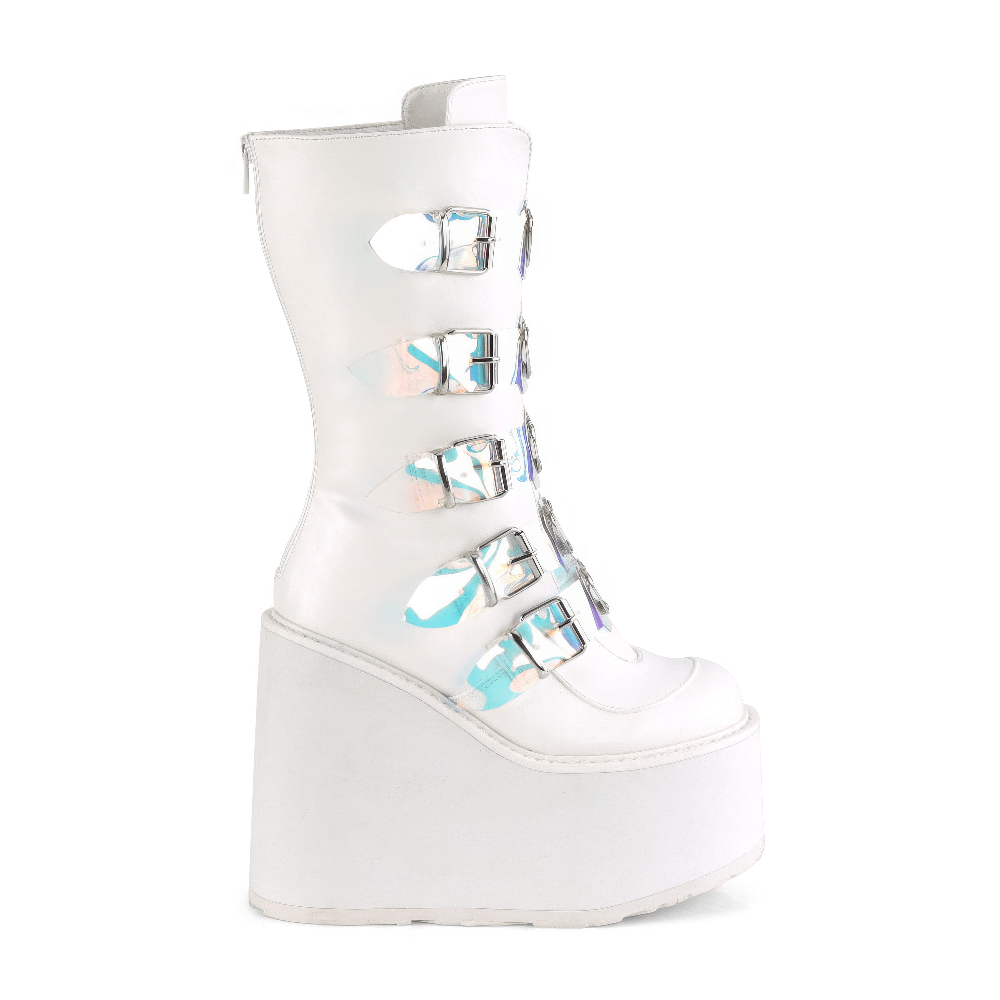 Demonia white mid-calf platform boots with heart buckles and adjustable straps, perfect for a bold, edgy look.