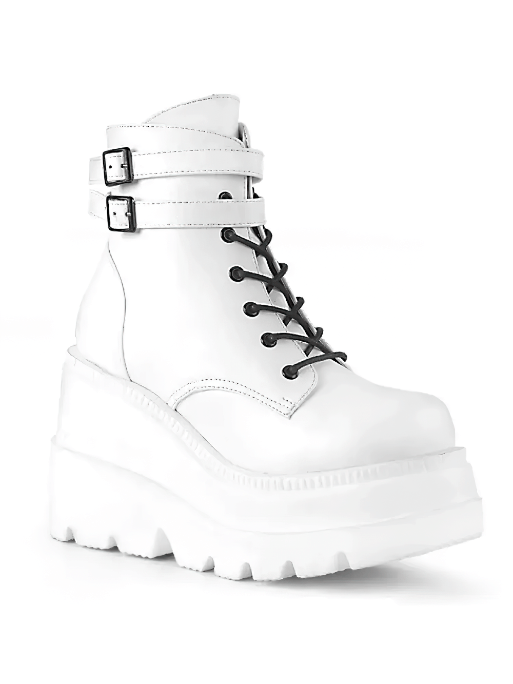 Daring white platform ankle boots with buckled straps and lace-up front, perfect for edgy minimalist looks.